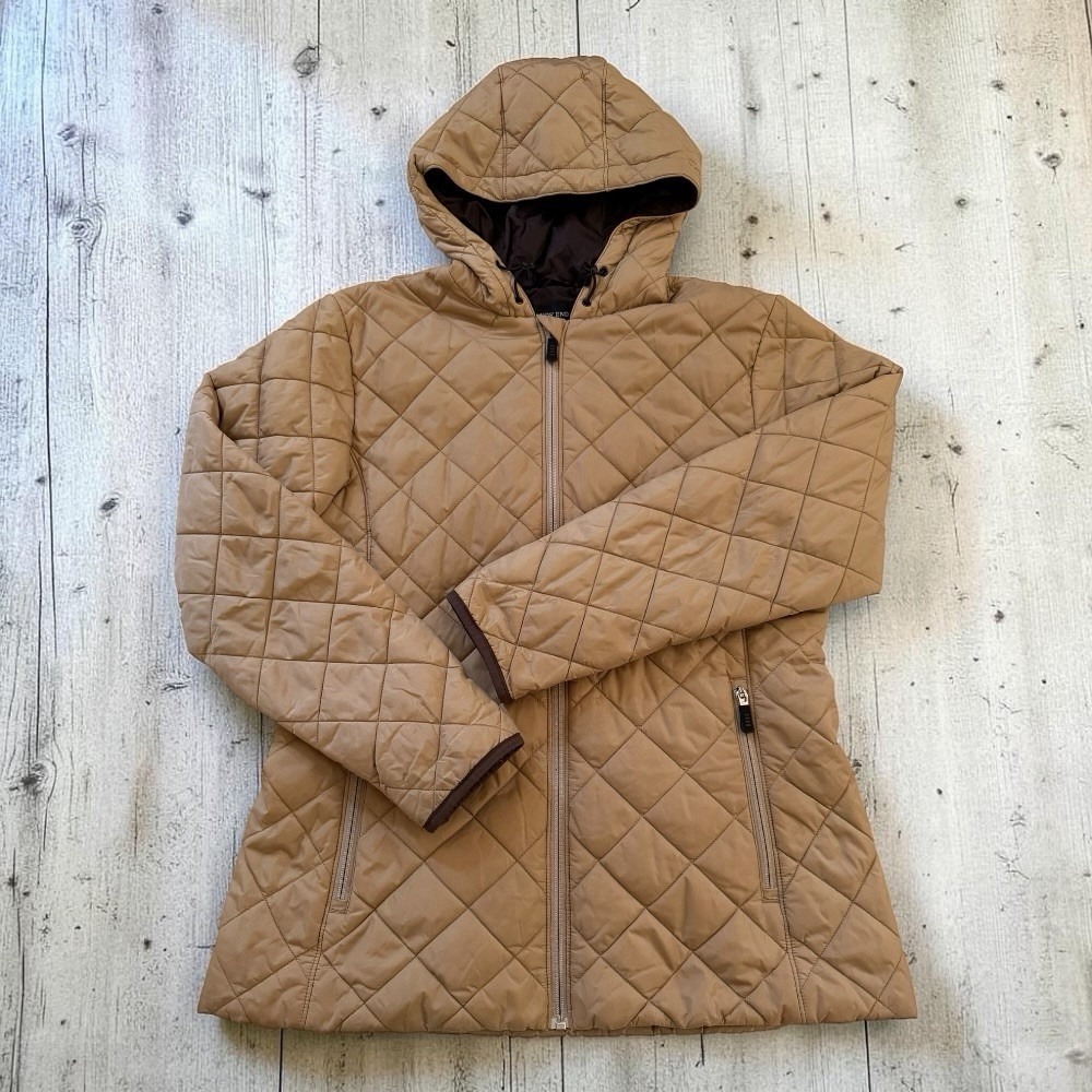 Lands End Quilted Hooded Puffer Jacket‎ Coat PrimaLoft Tan Womens S 6-8